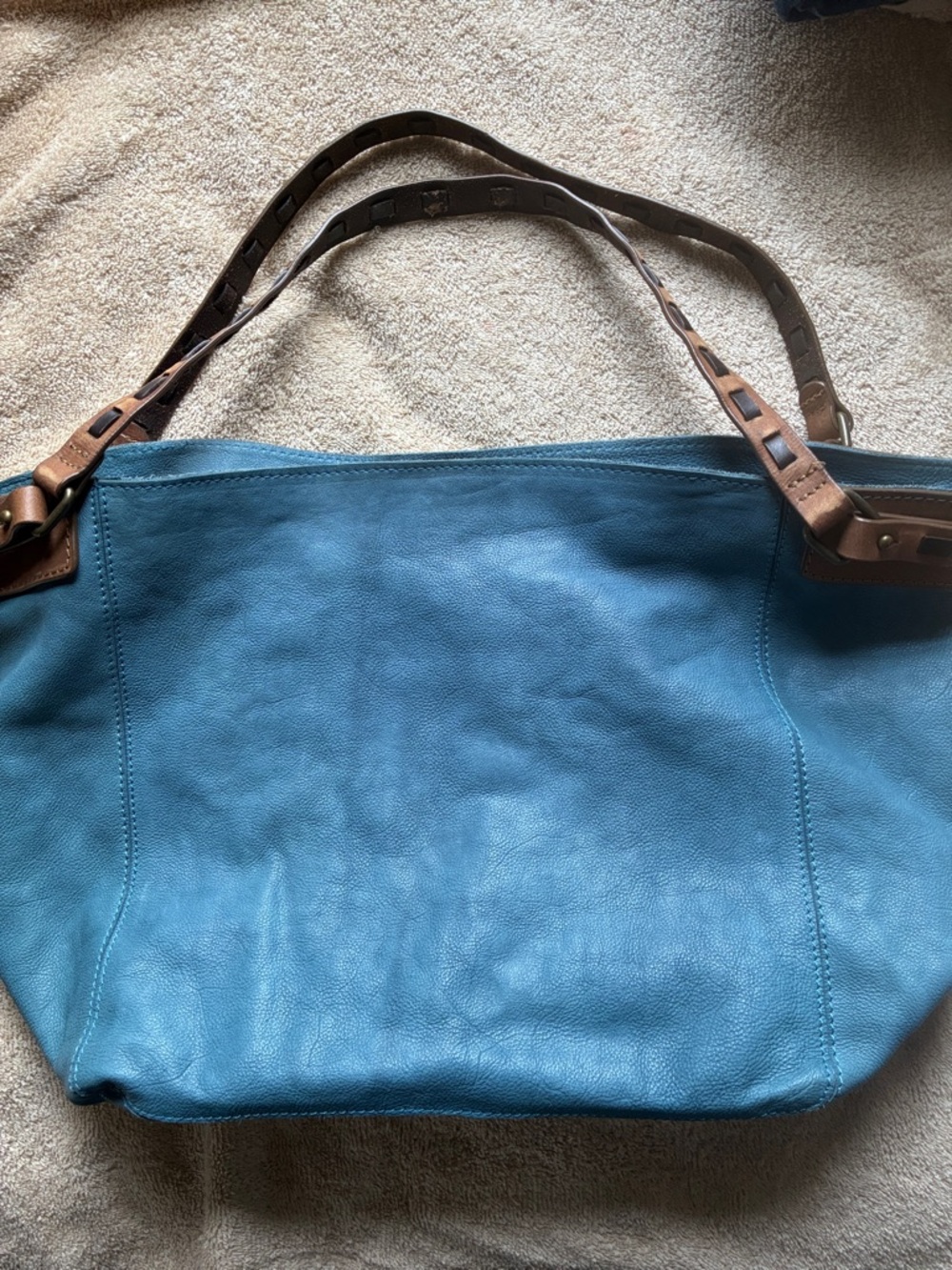 HOLDING HORSES Teal Leather Tote with Brown Straps